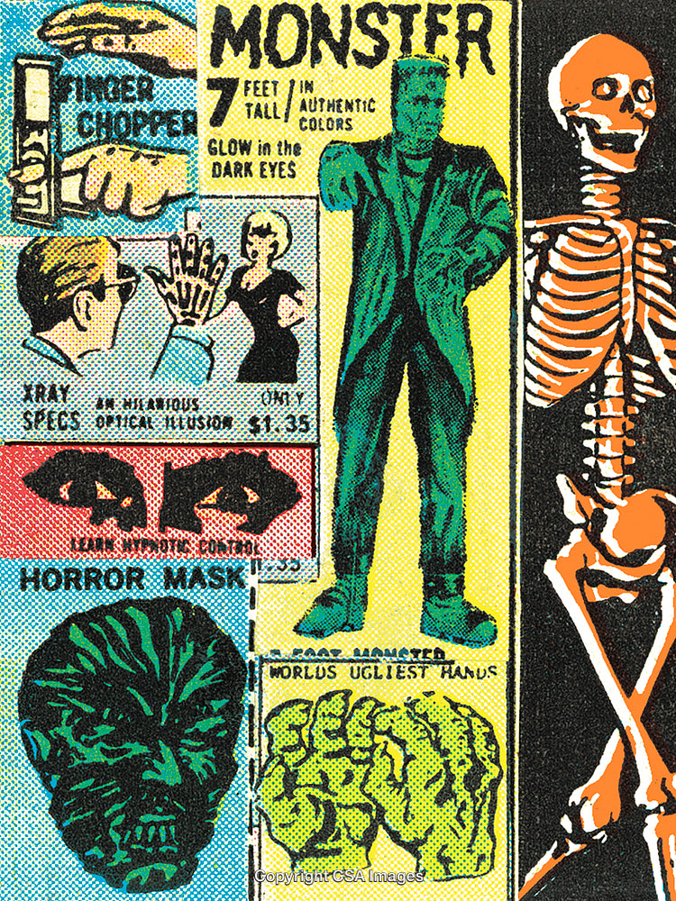 Vintage Comic-Style Illustrations Featuring Horror Themes and Retro Products