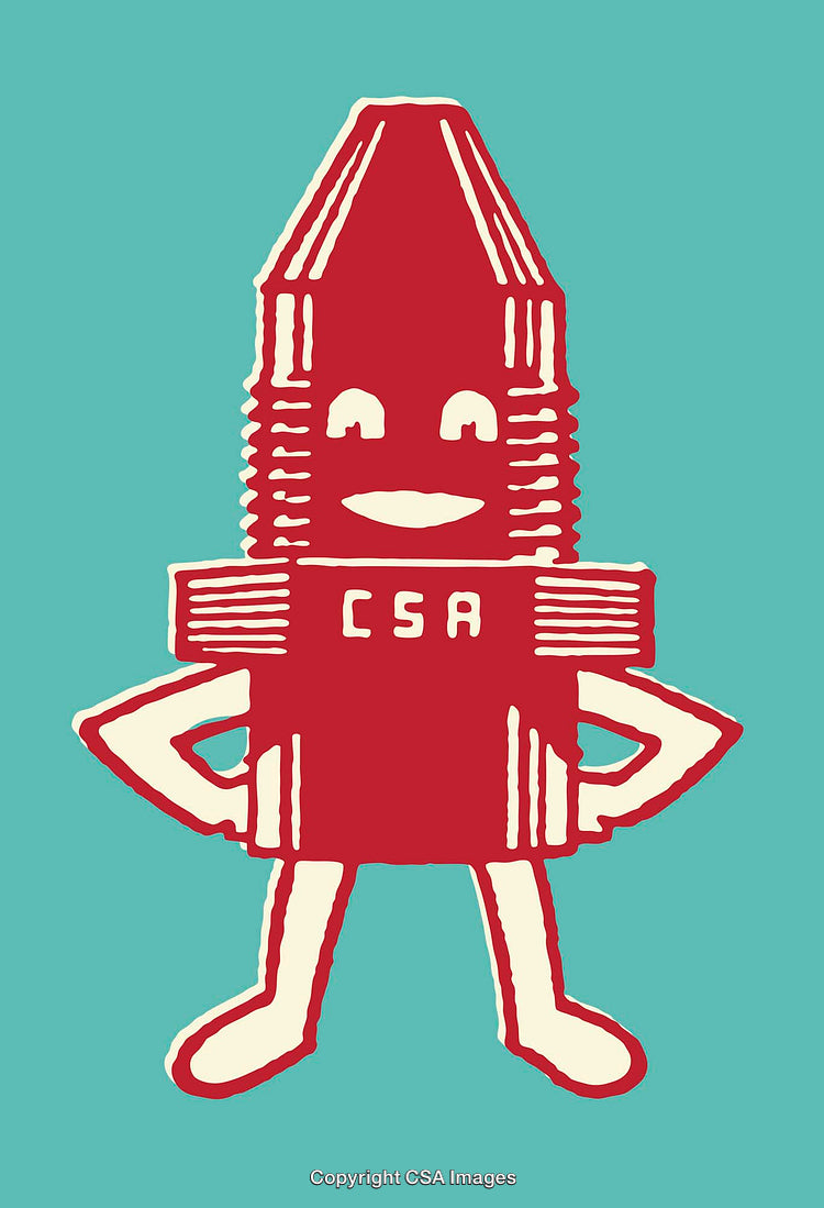 Red Cartoon Character Illustration with CSA Text on Teal Background
