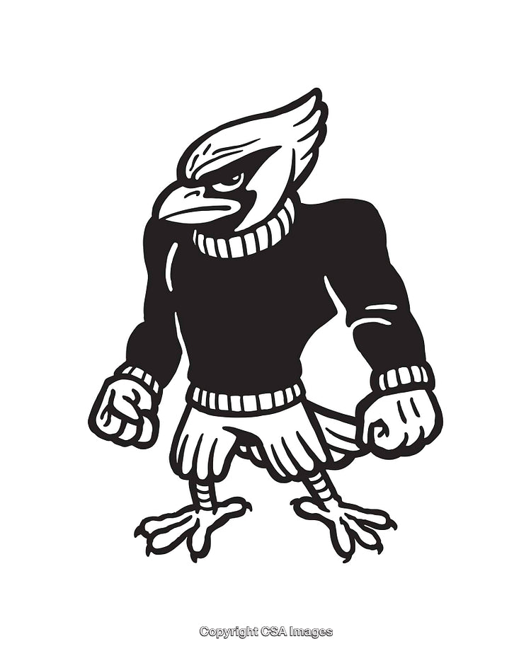 Stylized Black and White Line Art of a Determined Bird Mascot