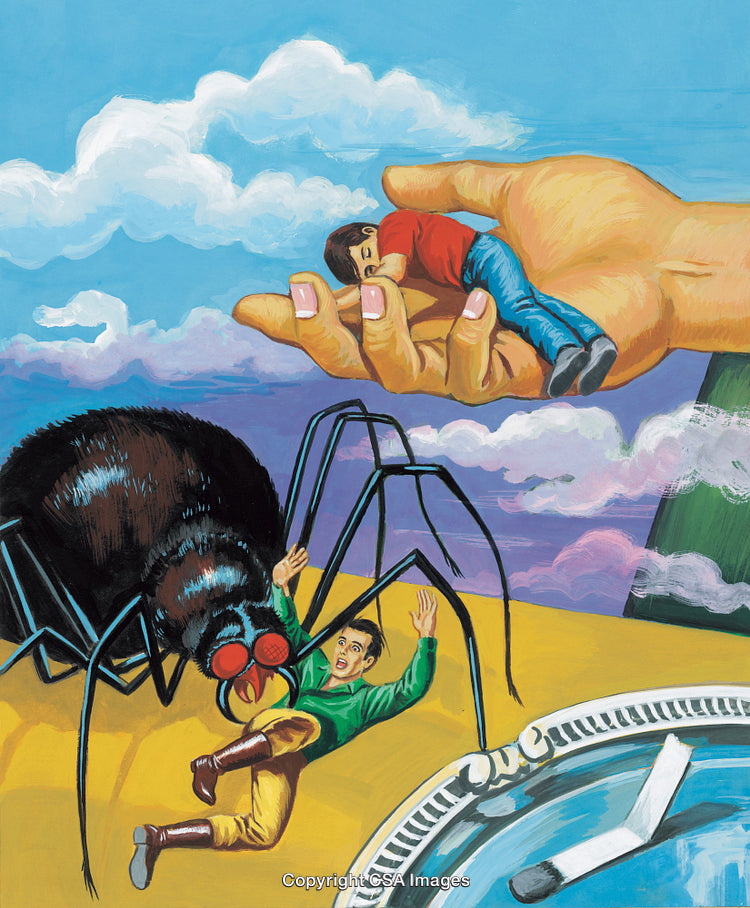 Surreal Illustration Depicting Human Interaction with Gigantic Spider and Lifelines