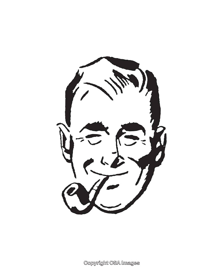 Retro Black and White Art of Smiling Man Smoking Pipe