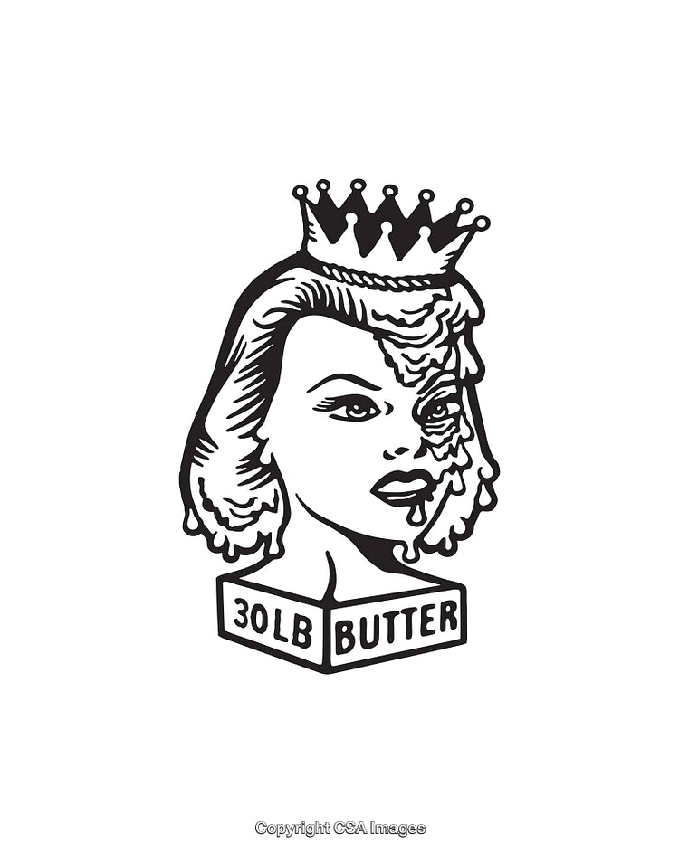 Surreal Black and White Line Art of a Woman with a Crown and Butter