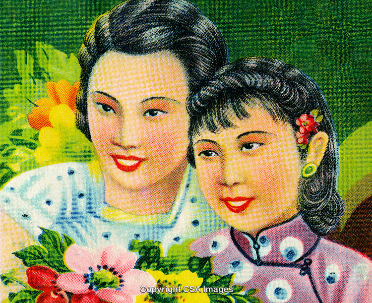 Vintage Art of Two Women with Flowers Reflecting Nostalgia and Friendship