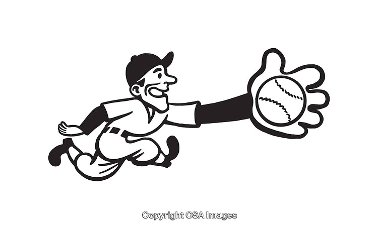 Black and White Illustration of Baseball Player Catching a Ball in Glove