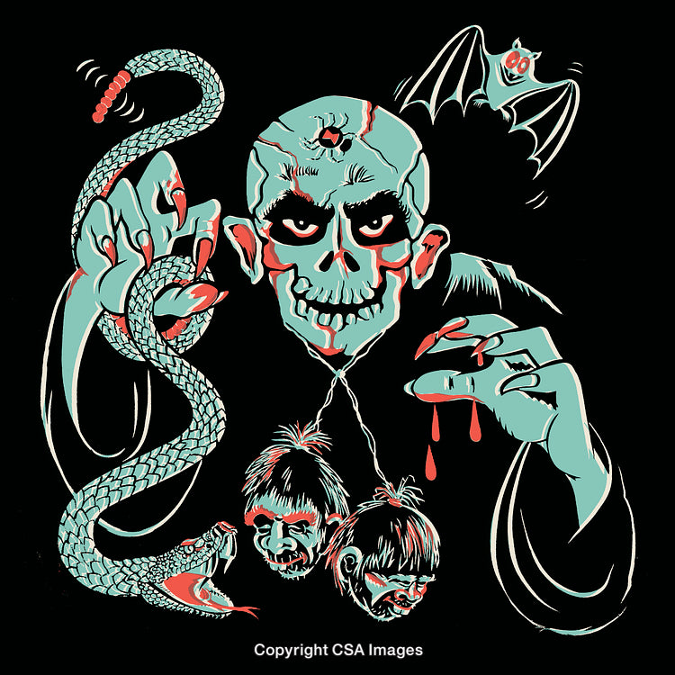 Illustrated Dark Fantasy Scene with Skeleton, Snake, and Eerie Elements