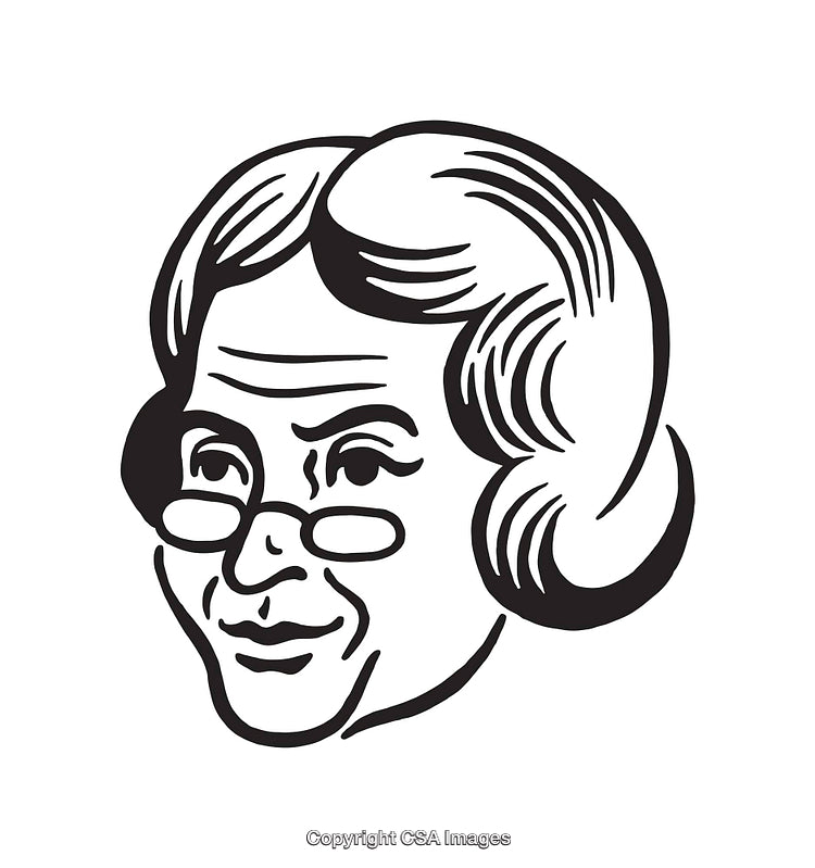 Black and White Line Art Illustration of Elderly Person Wearing Glasses