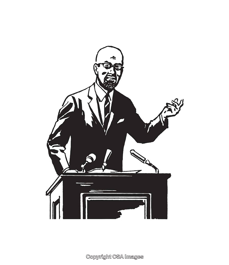 Black and White Illustration of a Speaker Addressing an Audience at a Podium