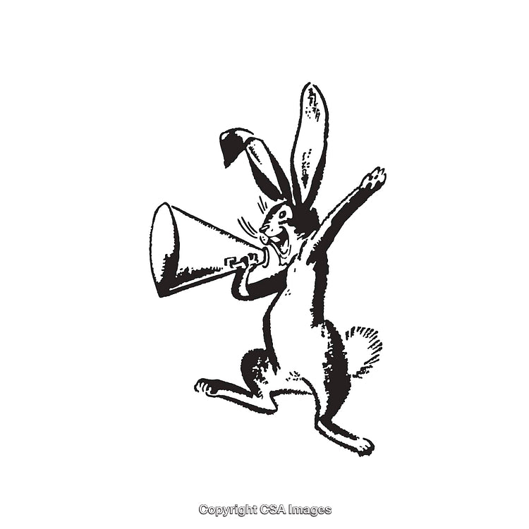 Vintage Line Art Rabbit Holding a Megaphone Illustration in Black and White