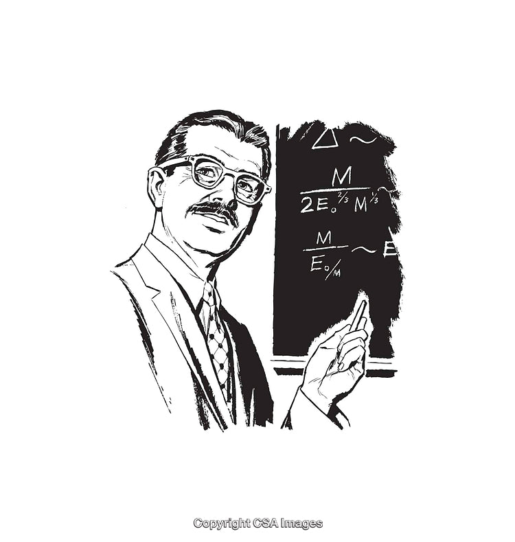 Retro Professor Teaching Mathematics With Chalkboard in Line Art Style