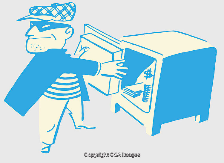 Illustration of a Burglar Stealing from a Safe with Blue Background