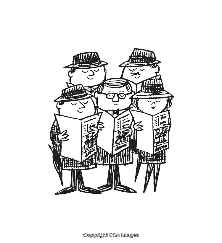 Black and White Illustration of People Reading Newspapers Together
