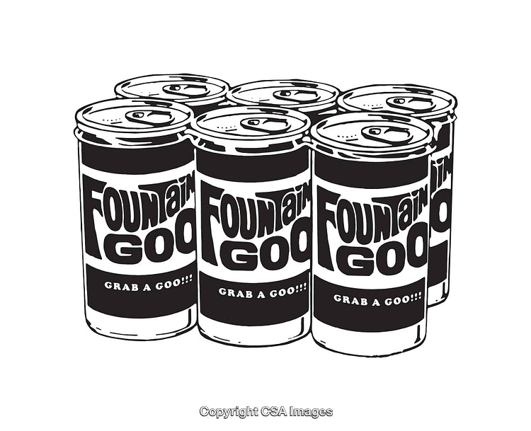 Black and White Line Art Illustration of Six Beverage Cans in Group Arrangement
