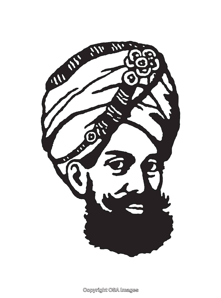 Black and White Line Art Illustration of a Man in Traditional Turban
