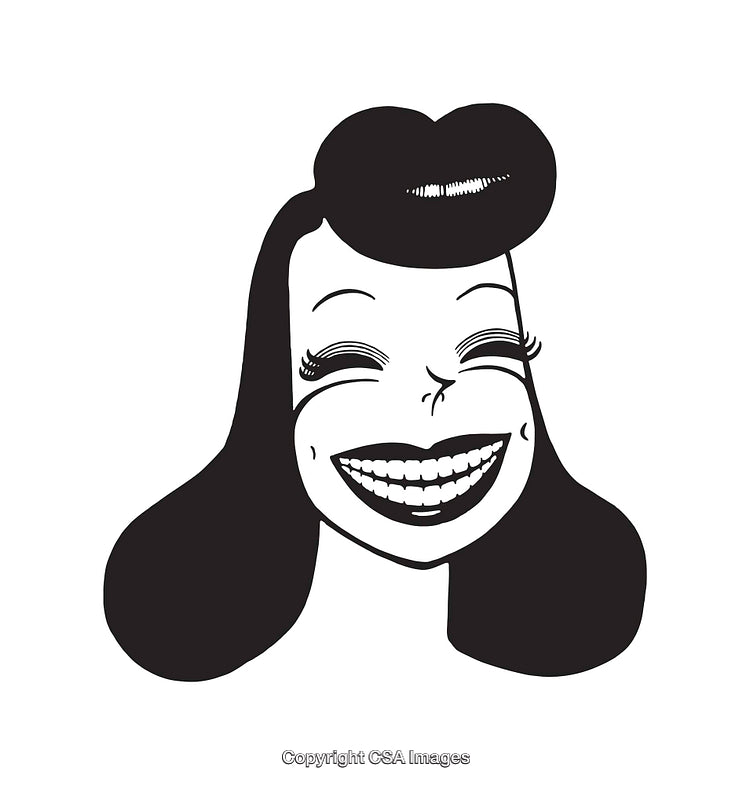 Black and White Line Art of a Cheerful Woman Smiling Brightly