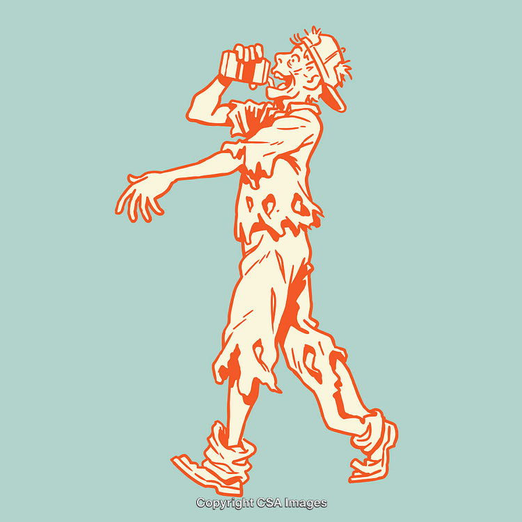 Colorful Illustration of a Zombie Holding a Drink in Hand