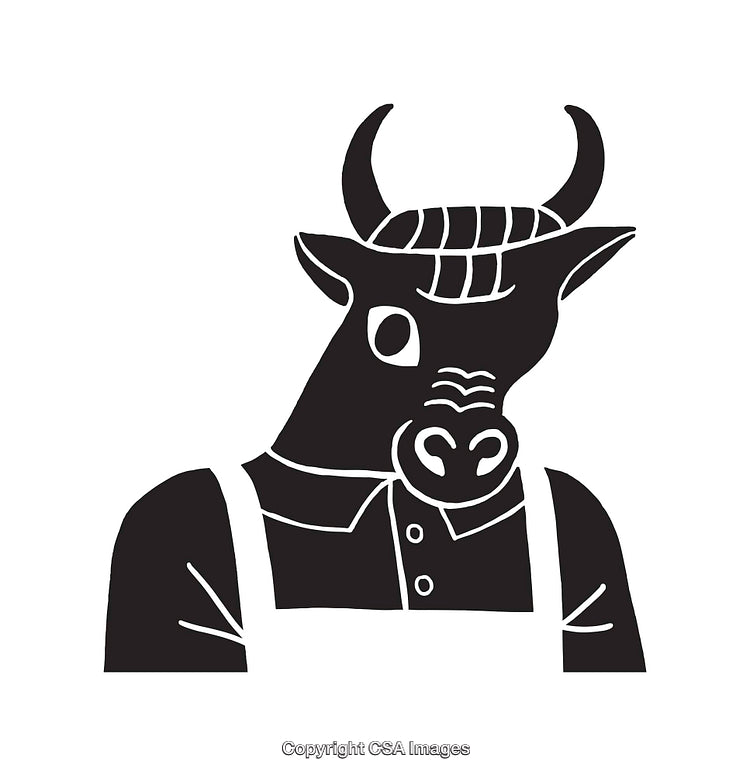 Stylized Black and White Bull Illustration Wearing a Shirt and Overalls