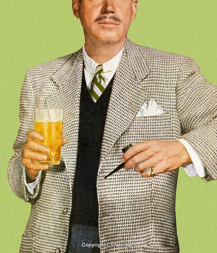 Retro Portrait of Man Holding Beer and Pipe in Classic Attire
