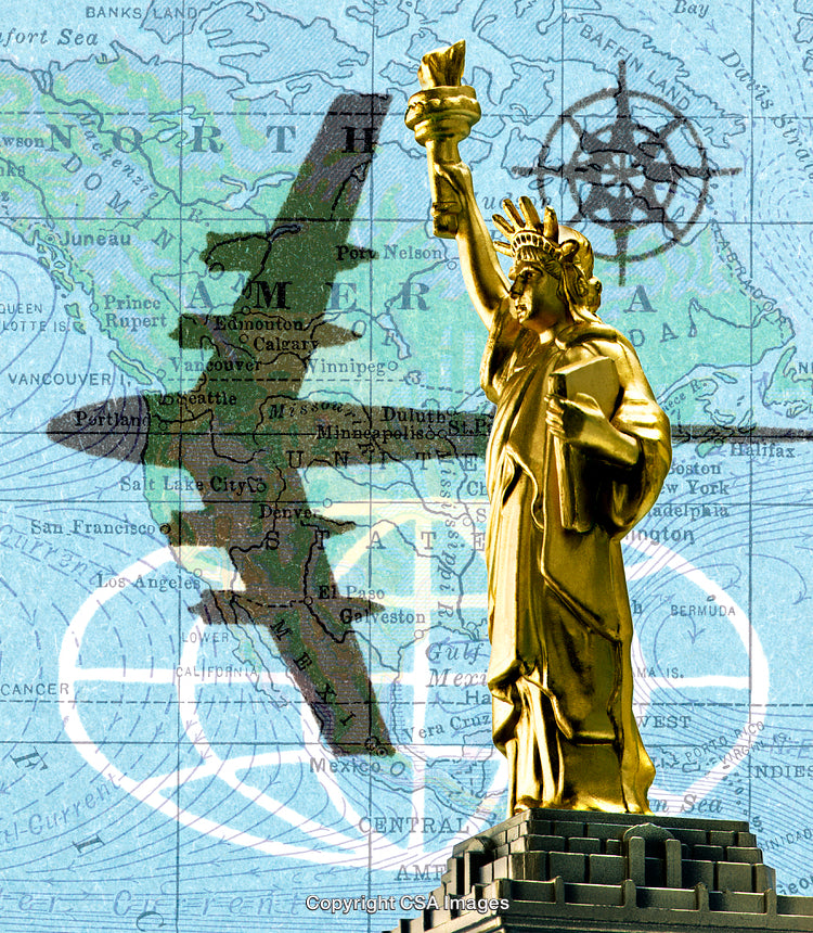 Golden Statue of Liberty on a Map of North America with Airplane