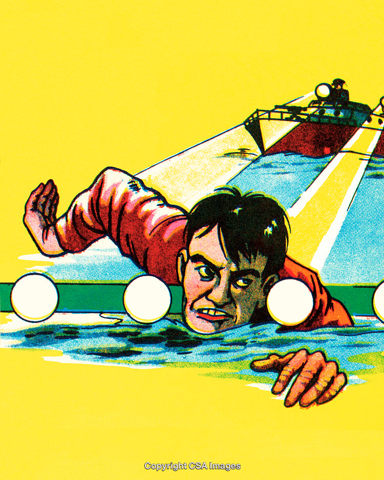 Illustration of a Man Escaping in Water with a Pursuing Boat