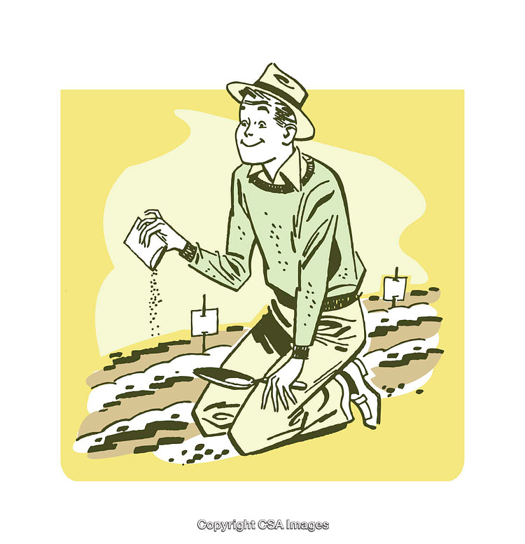 Vintage Illustration of a Gardener Planting Seeds With a Cheerful Expression