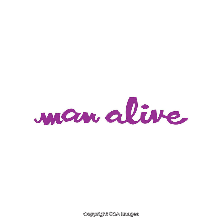 Purple Script Text Image Depicting 'Man Alive' on White Background