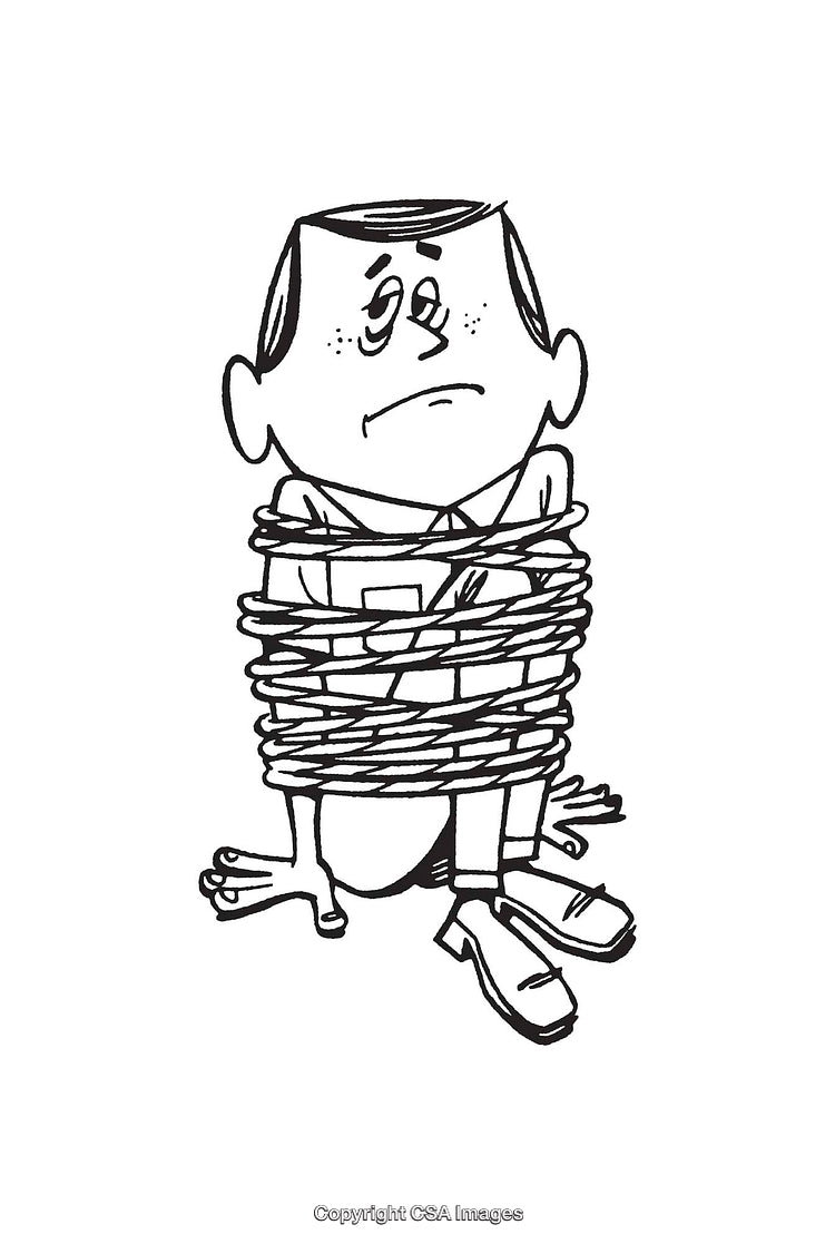 Black and White Illustration of a Man Restrained with Rope Expressing Concern