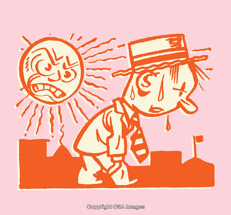 Exhausted Worker Struggling Under Scorching Sun in Colorful Cartoon Style