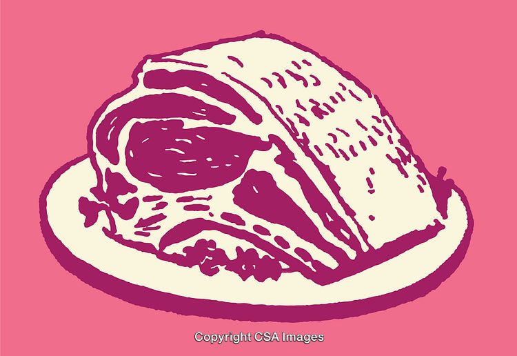 Colorful Line Art Illustration of Meat on Plate with Pink Background