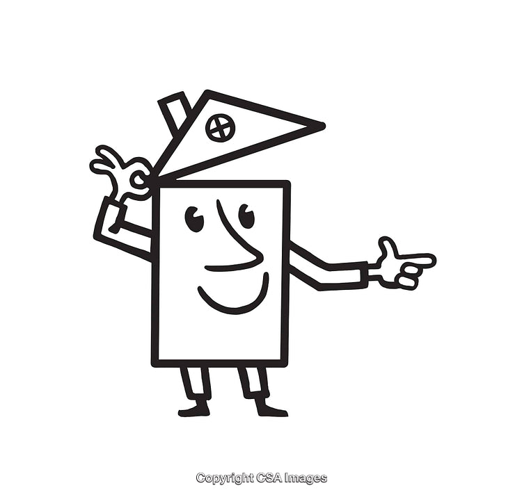 Black And White Line Art Illustration of a Cheerful Cartoon House Character