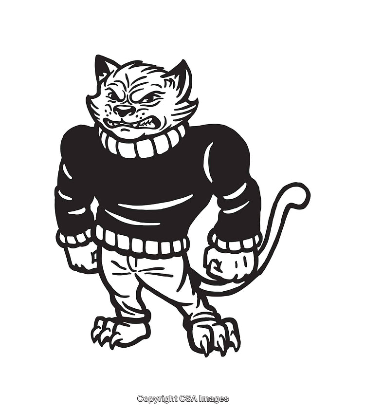 Black and White Illustration of a Tough Cat Anthropomorphic Character