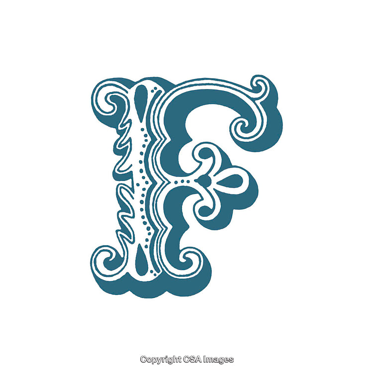 Ornate Blue Letter F Vintage Design on White Background