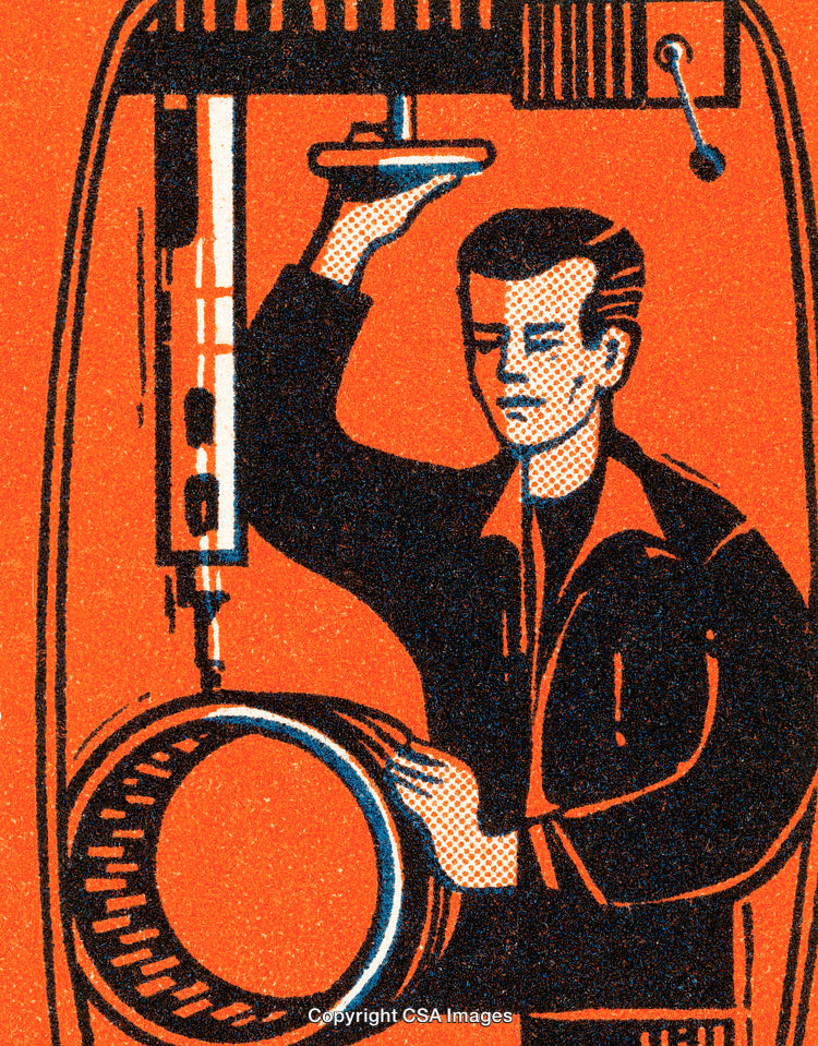 Retro Industrial Illustration of Worker Using Machine Tools in Red Tones
