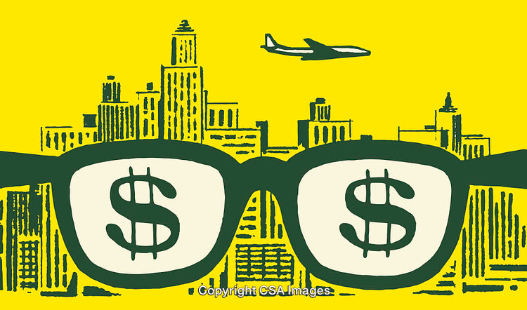 Urban Skyline Viewed Through Dollar-Themed Glasses with Airplane Above