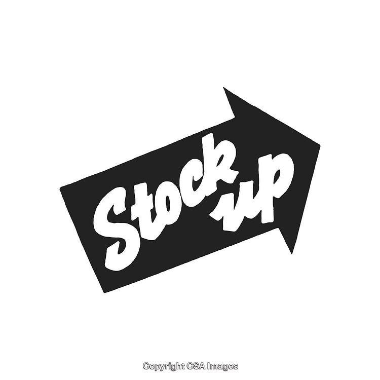 Bold Arrow Sign with "Stock Up" Typography on White Background