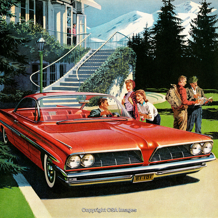 Vintage Red Convertible at Scenic Lodge with Friends Outdoors