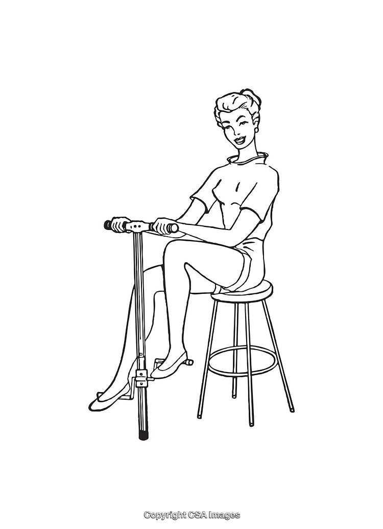 Vintage Line Art of Woman Sitting on Stool Operating Equipment