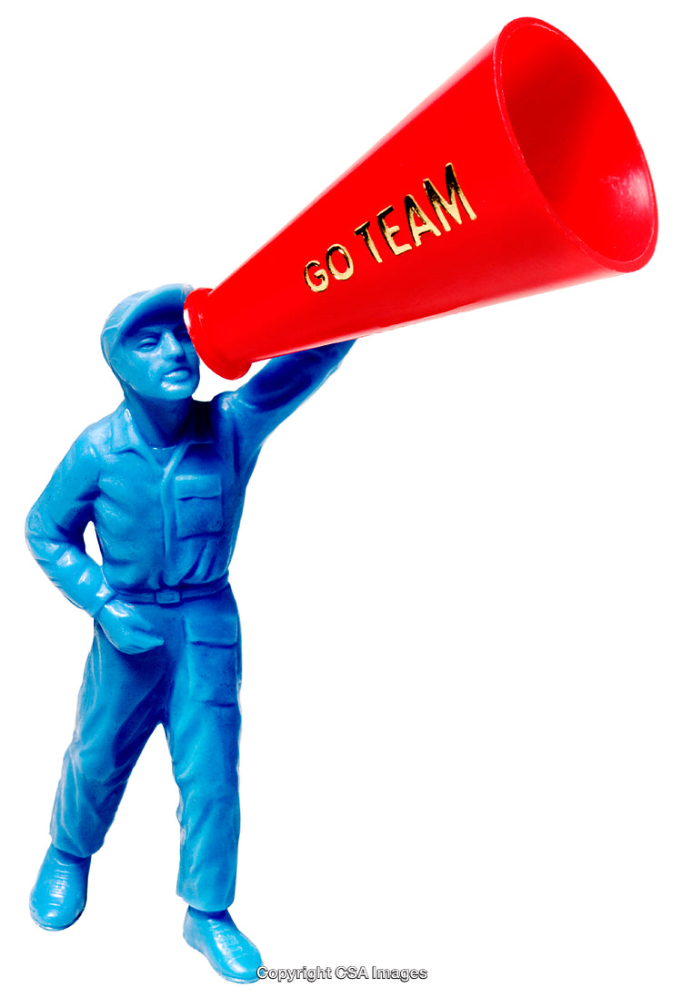 Blue Plastic Figure with Red Megaphone Shouting Motivational Go Team Message