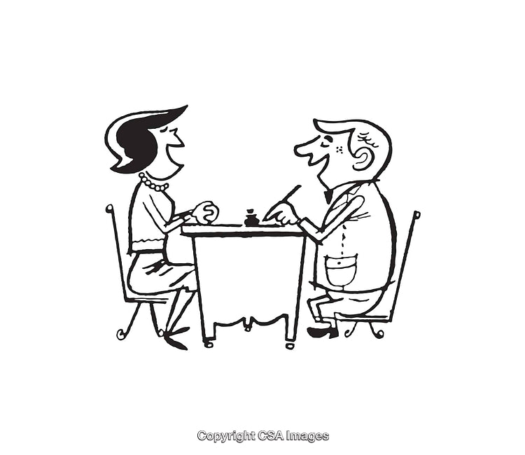 Vintage Black and White Line Art of a Cheerful Conversation at a Table
