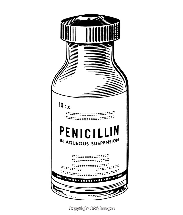 Detailed Black and White Engraving of a Penicillin Medicine Bottle