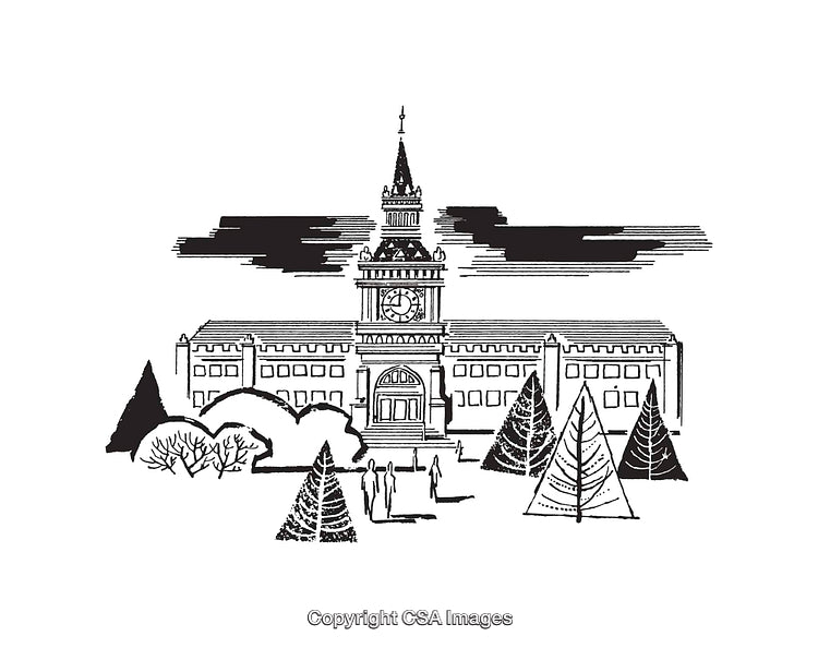 Historic Clock Tower Surrounded by Trees in Black and White Illustration