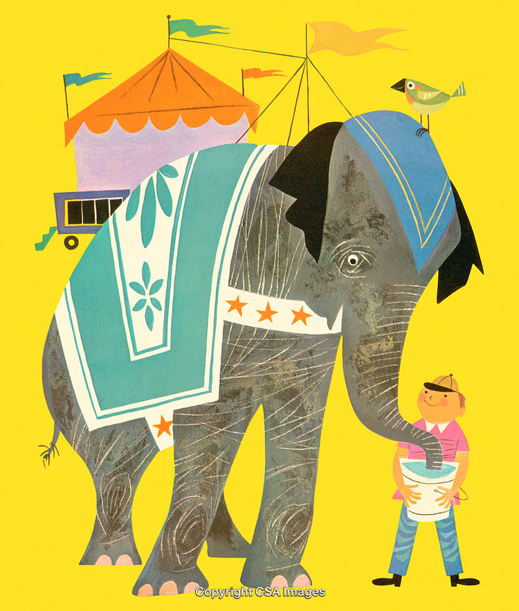 Illustration of a Circus Elephant and Child With a Vibrant Yellow Background
