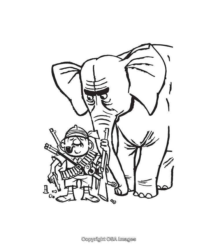Black and White Line Art Illustration of a Hunter with an Elephant