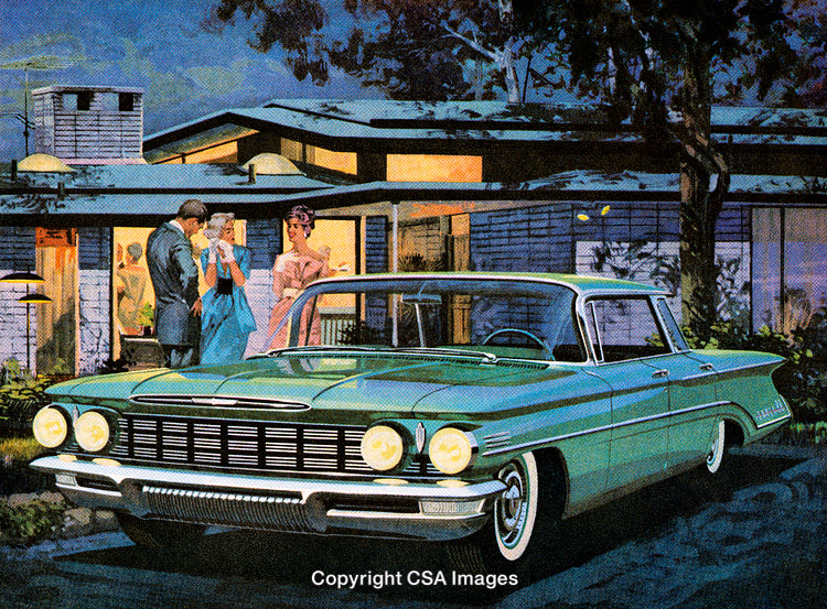 Elegant Mid-Century Scene with Classic Car and Stylish Evening Gathering