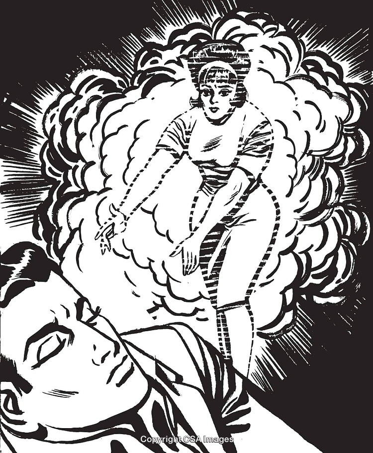 Retro Style Illustration of Woman Emerging From Smoke and Observant Man Watching
