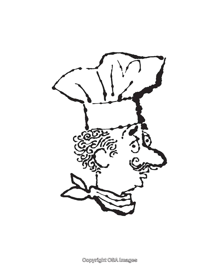 Black and White Chef Line Art Illustration with Hat and Bandana
