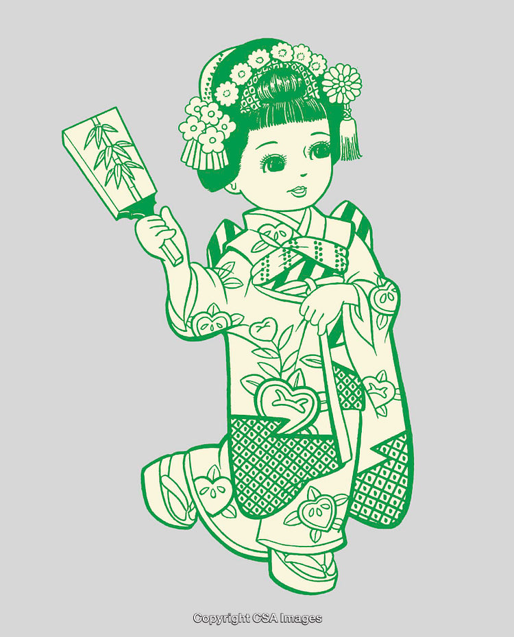 Vintage Color Line Art of a Girl in Traditional Costume Holding Paddle