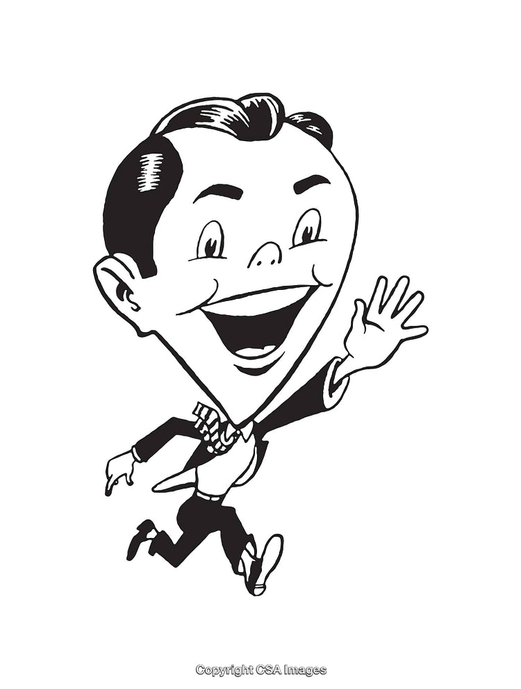 Black and White Illustration of a Happy Character in a Cheerful Pose