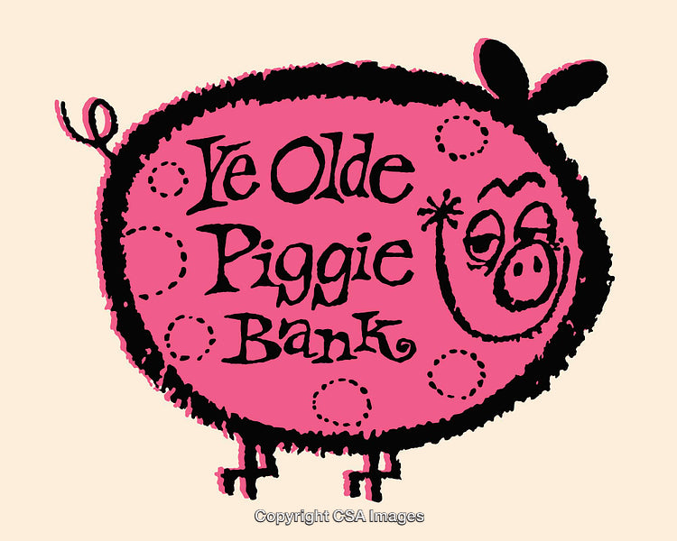 Retro Styled Cartoon Piggy Bank Illustration with Decorative Text