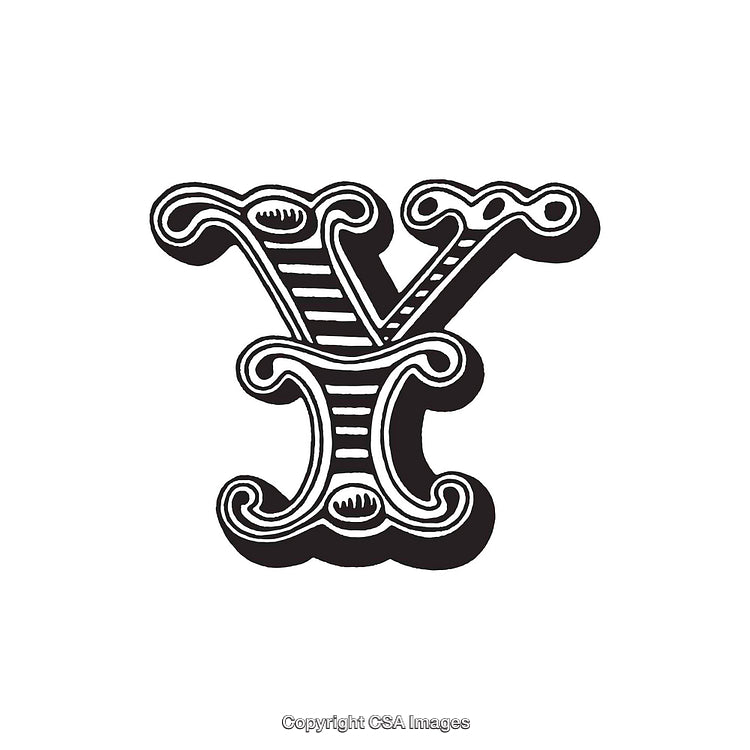 Intricate Black and White Letter Y Decorated with Vintage Flourishes