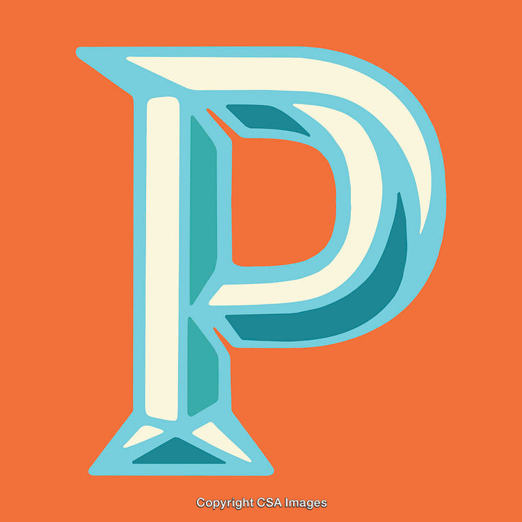 Stylized Letter P with Bold Colors and Geometric Design on Orange Background